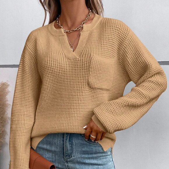 Khaki Casual Womens Notched Neck Pocket Patched Drop Shoulder Sweat… - Picture 3 of 5